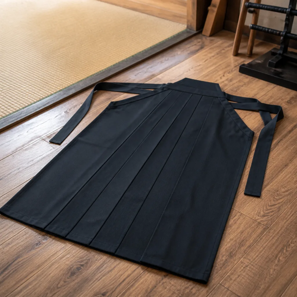 pleated black hakama laid flat showing its seven pleats