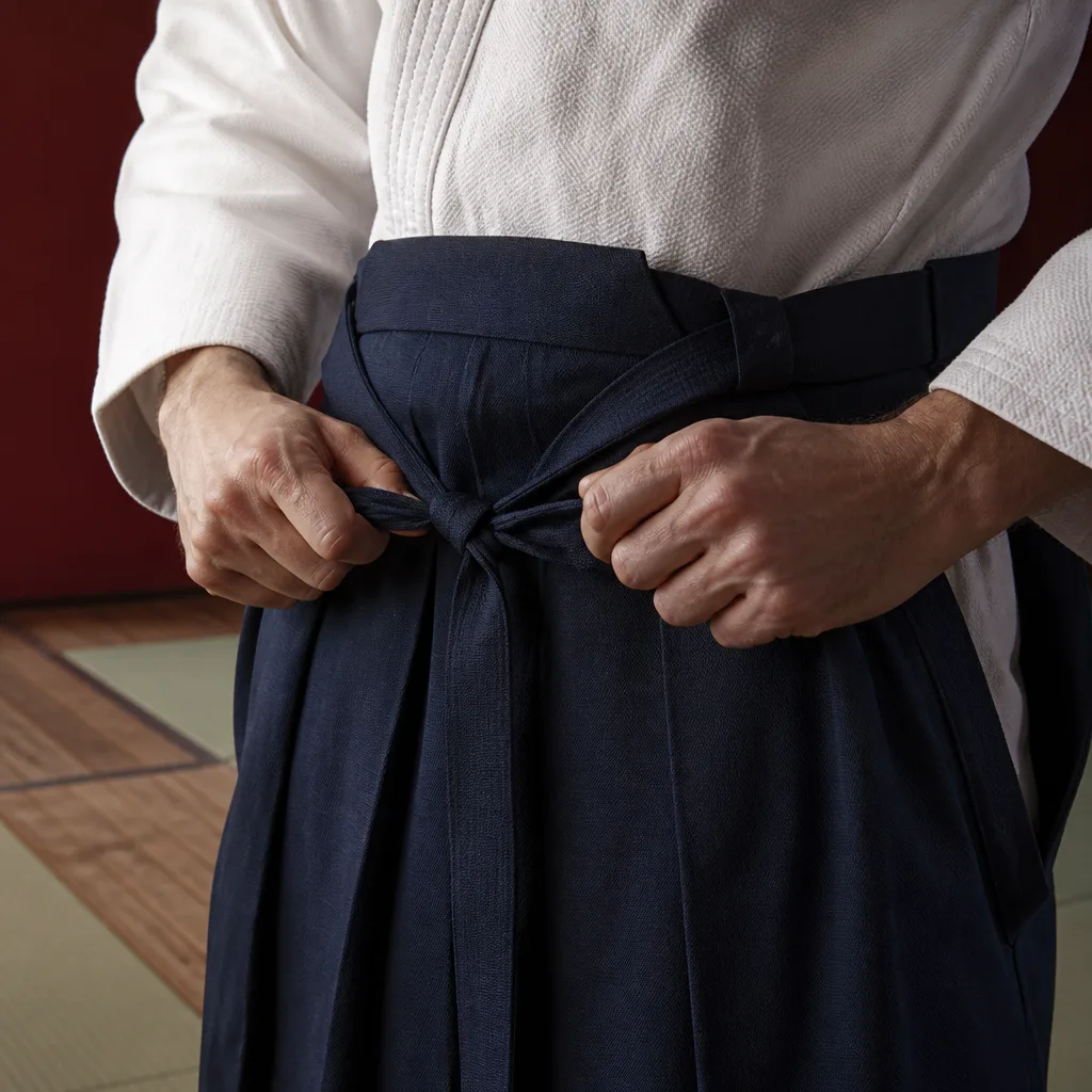 close-up of hakama himo waist ties being knotted at the front