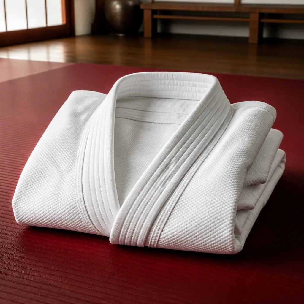 Folded BJJ gi jacket showing a reinforced, stiff collar