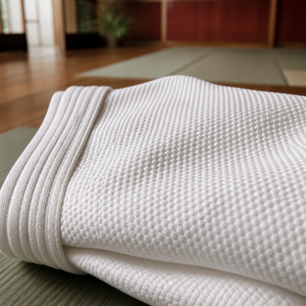 Close-up of pearl weave BJJ gi jacket fabric texture