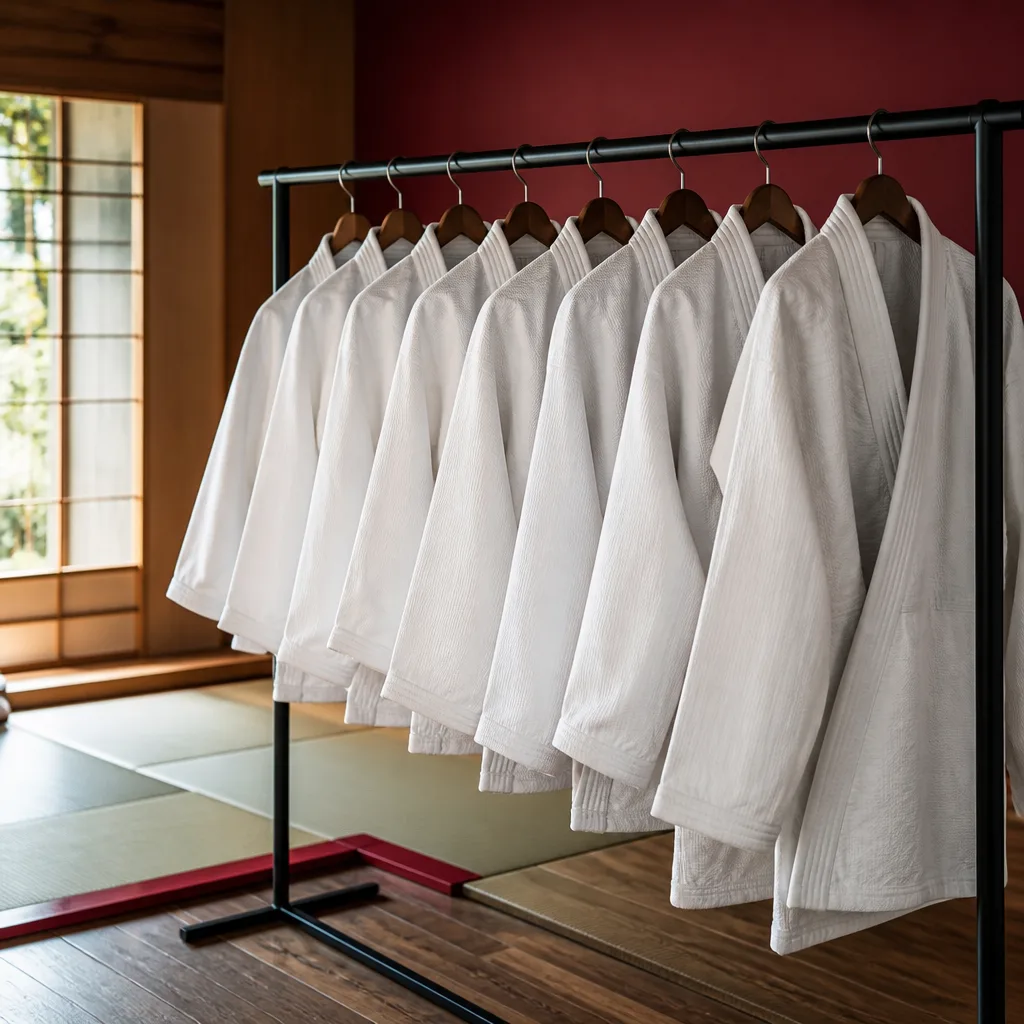 Row of BJJ gi jackets hanging by size in a training shop