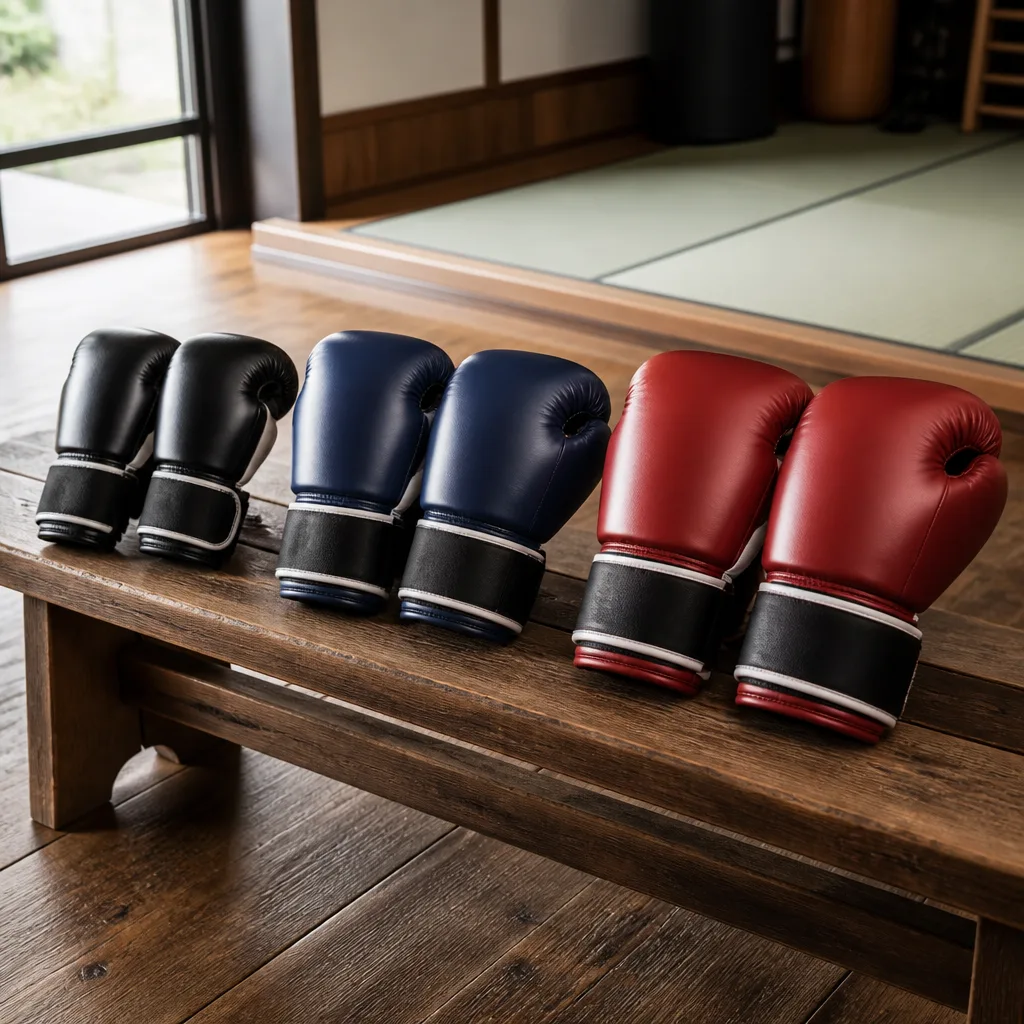 several pairs of boxing gloves of different sizes lined up on a bench