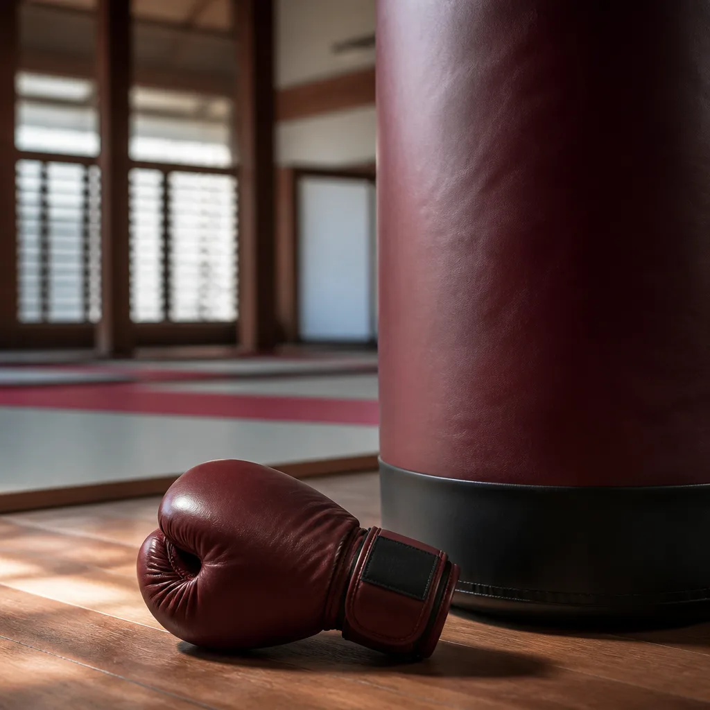 a single boxing glove positioned next to a heavy bag in a training room