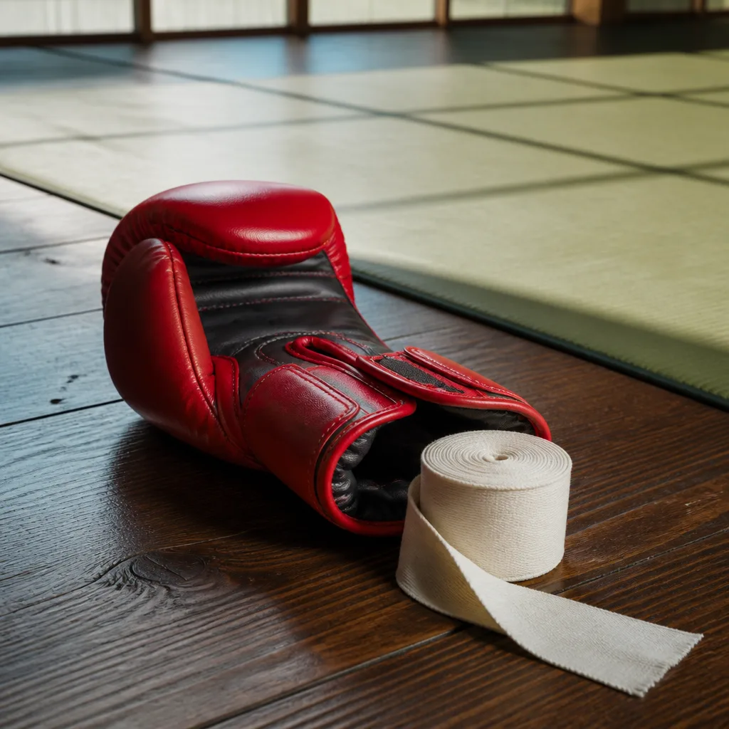a roll of cotton hand wraps beside an open boxing glove