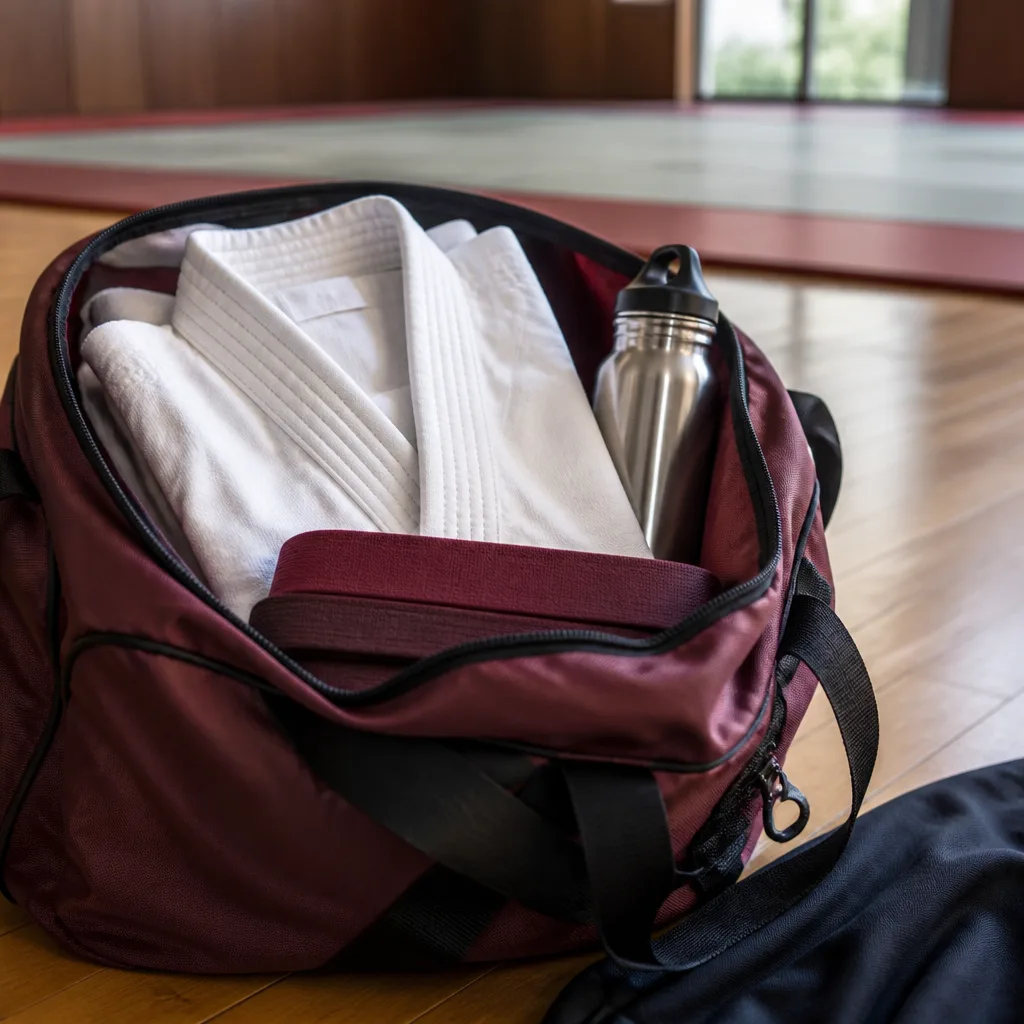 a beginner's training bag packed with a folded gi and water bottle