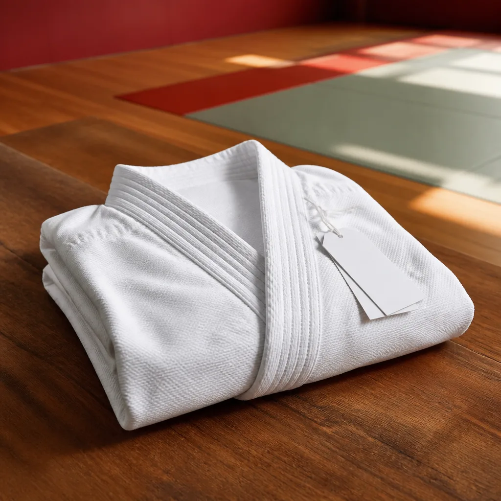 a new white gi jacket still folded with tags, laid on a table