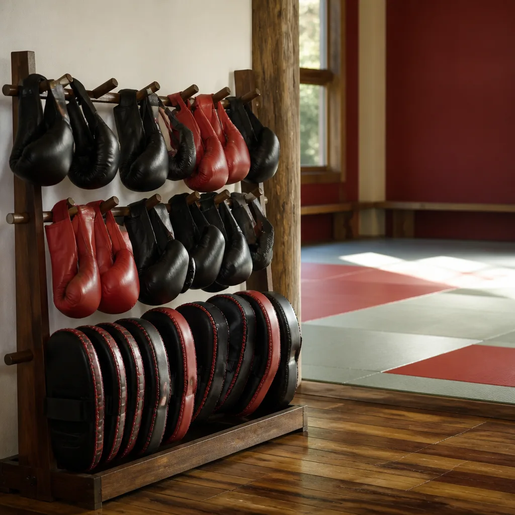 a rack of loaner training gloves and pads at a gym