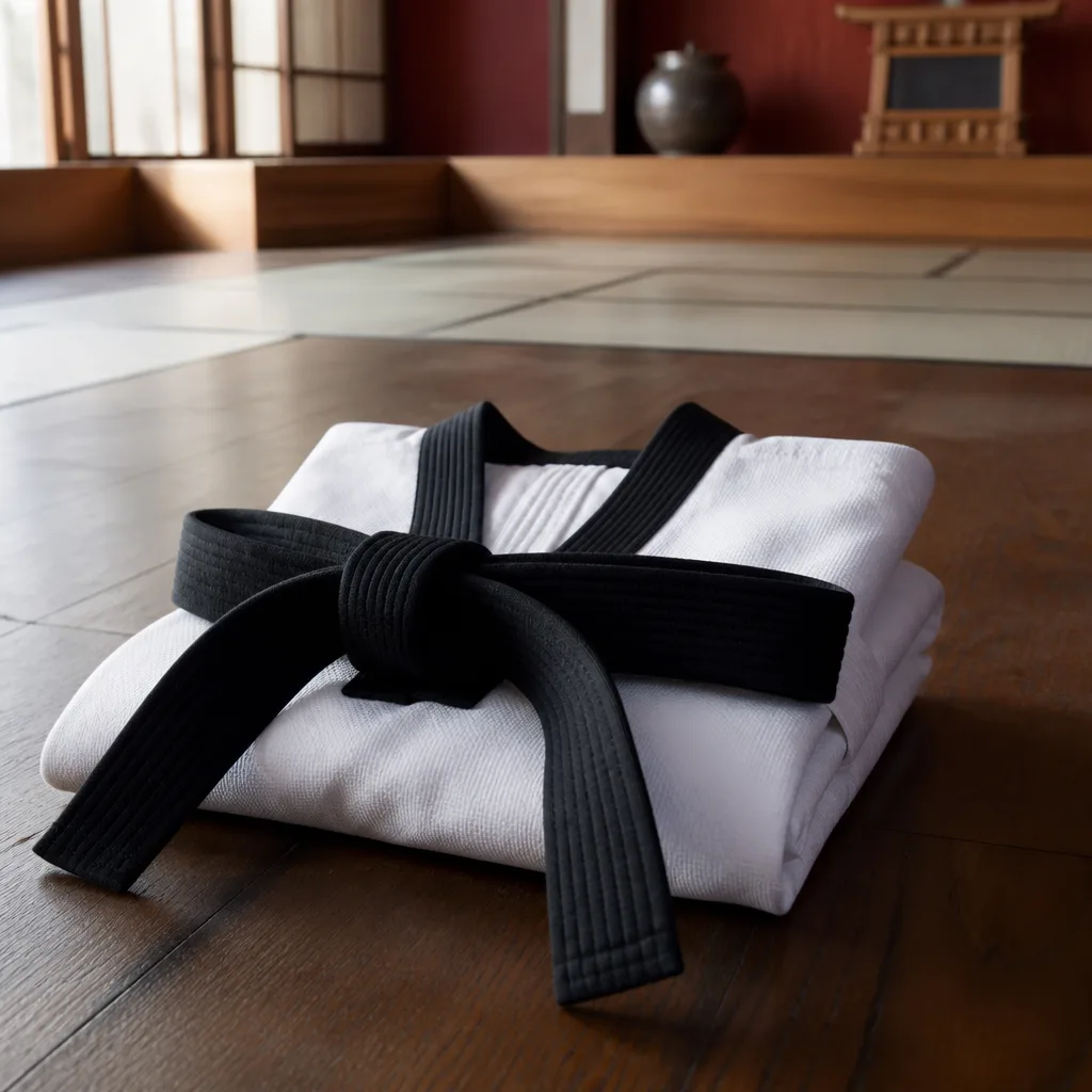 a taekwondo dobok folded with a black belt on top