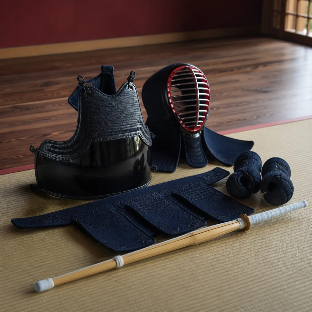 kendo bogu armour and a bamboo shinai laid out together