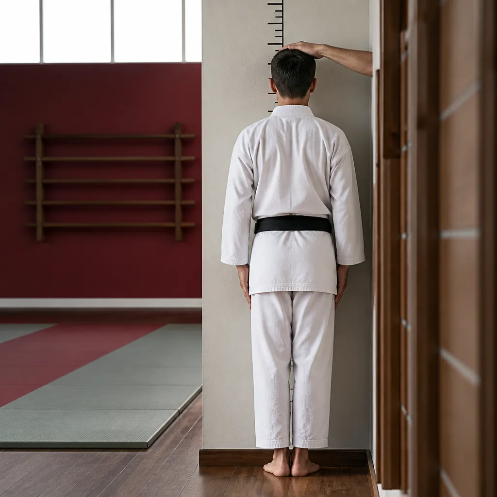 Person being measured for height against a wall chart in a dojo