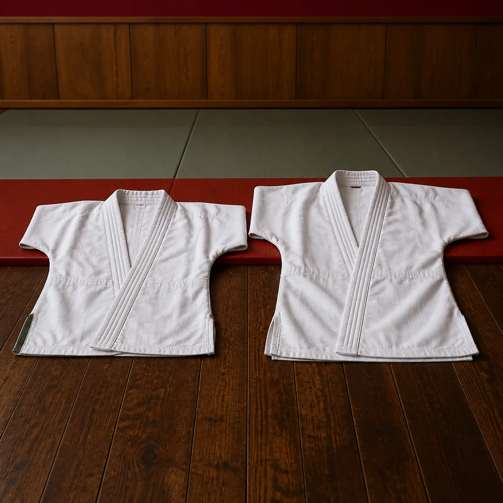 Two identical gi jackets of different sizes side by side, one shrunk