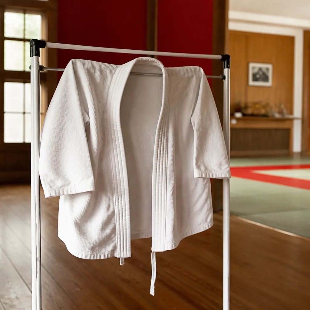 Gi jacket hanging to air dry on a rack indoors