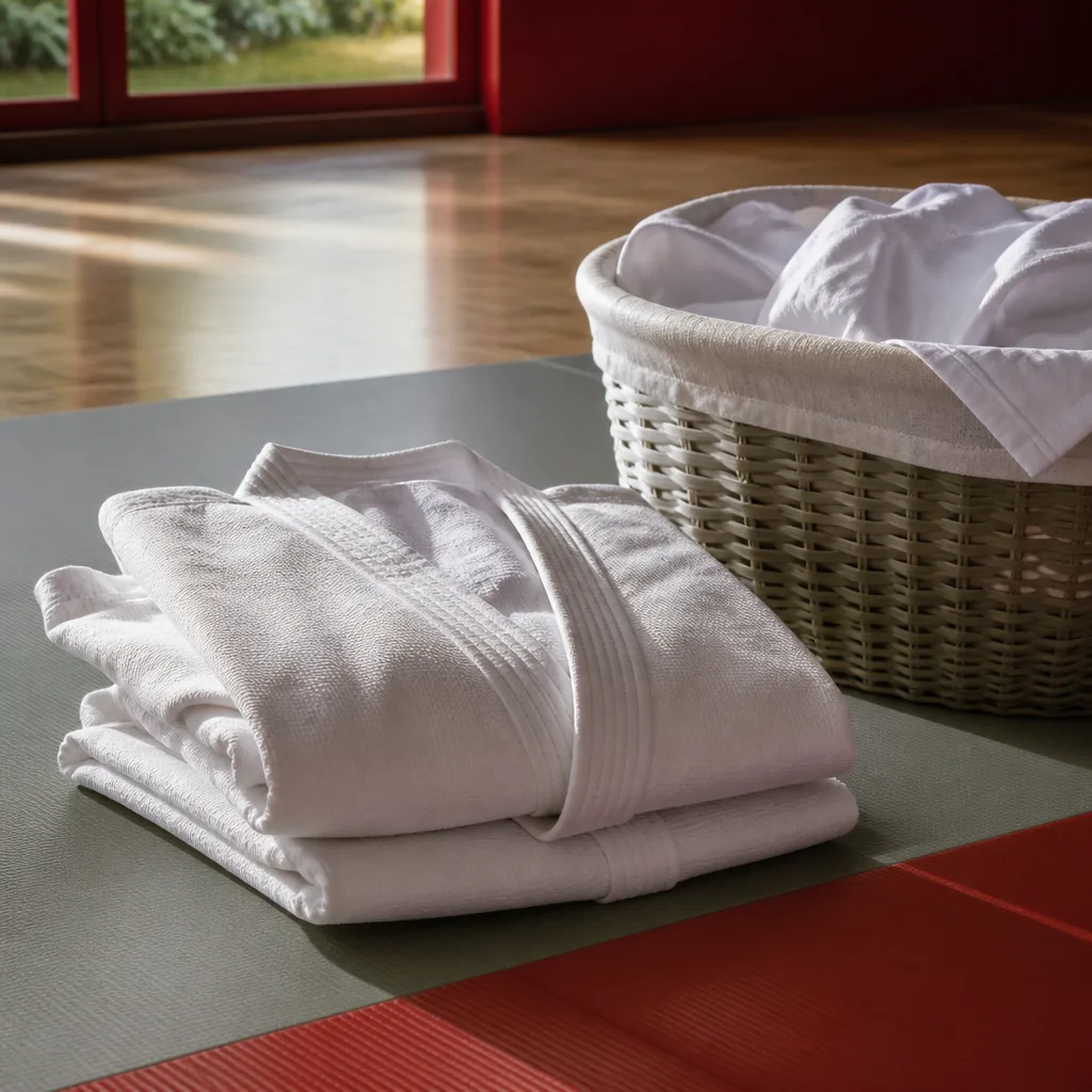 folded white judogi on a tatami mat next to a laundry basket