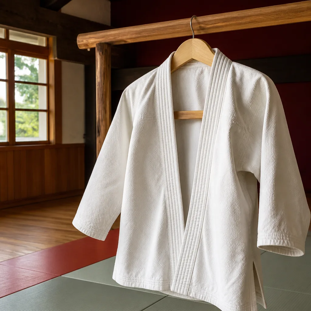 a gi jacket hanging on a wide wooden hanger to air dry