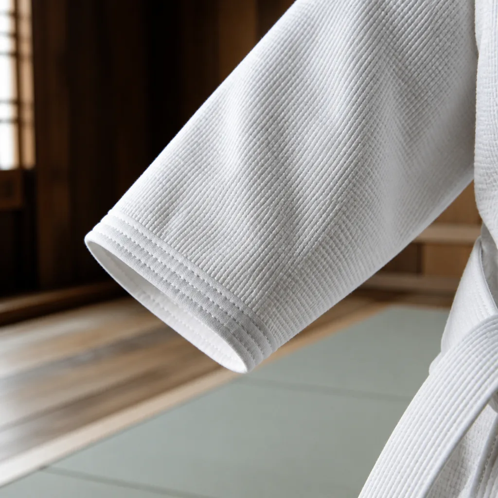 close up of textured cotton weave on a training jacket sleeve