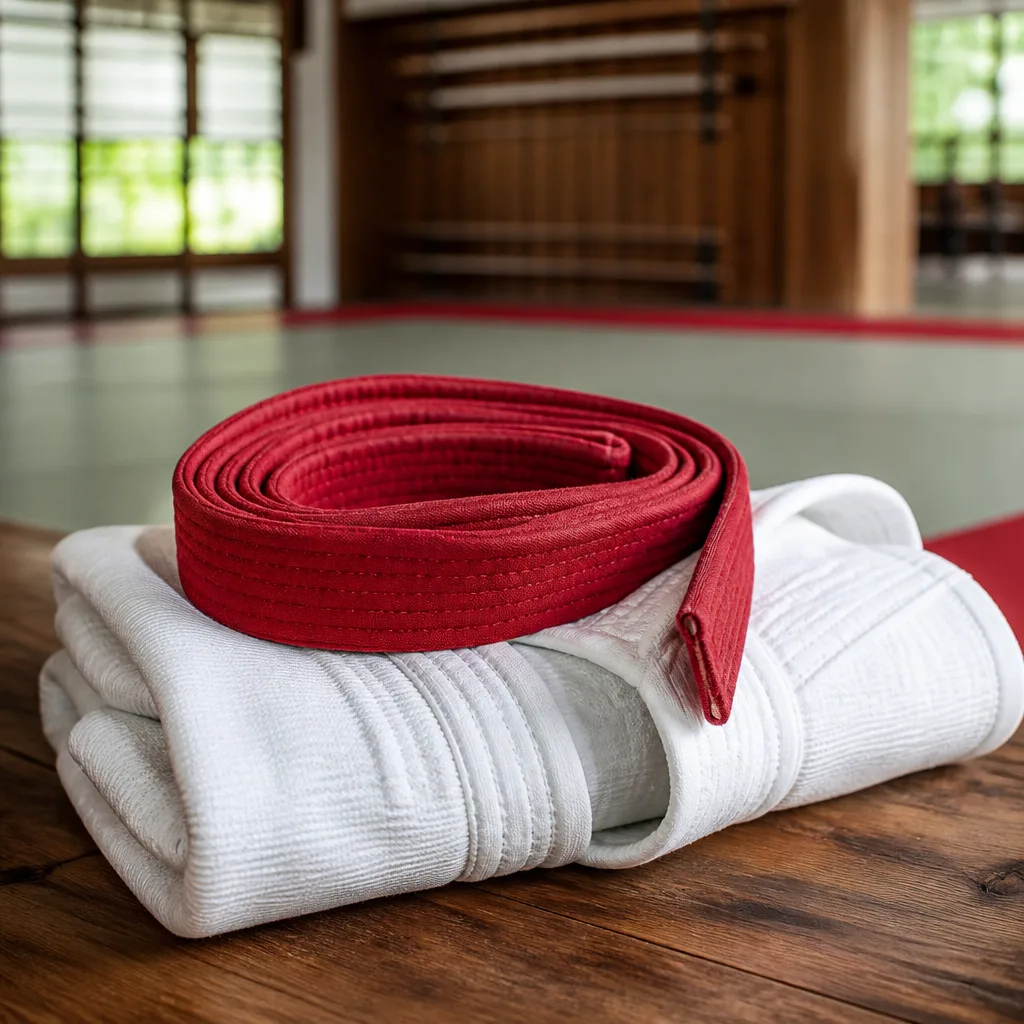 a folded coloured belt resting on top of a rolled gi jacket