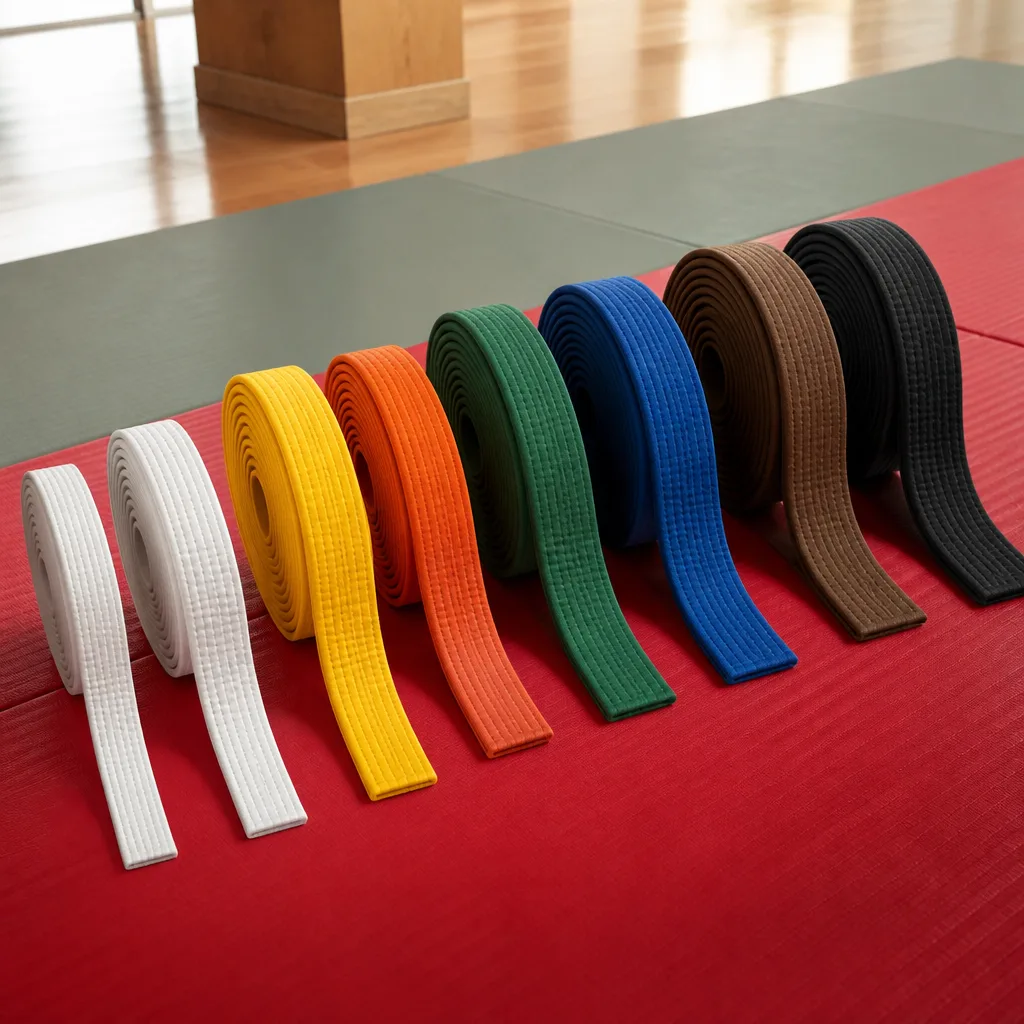 Rolled martial arts belts of different widths laid out on a mat