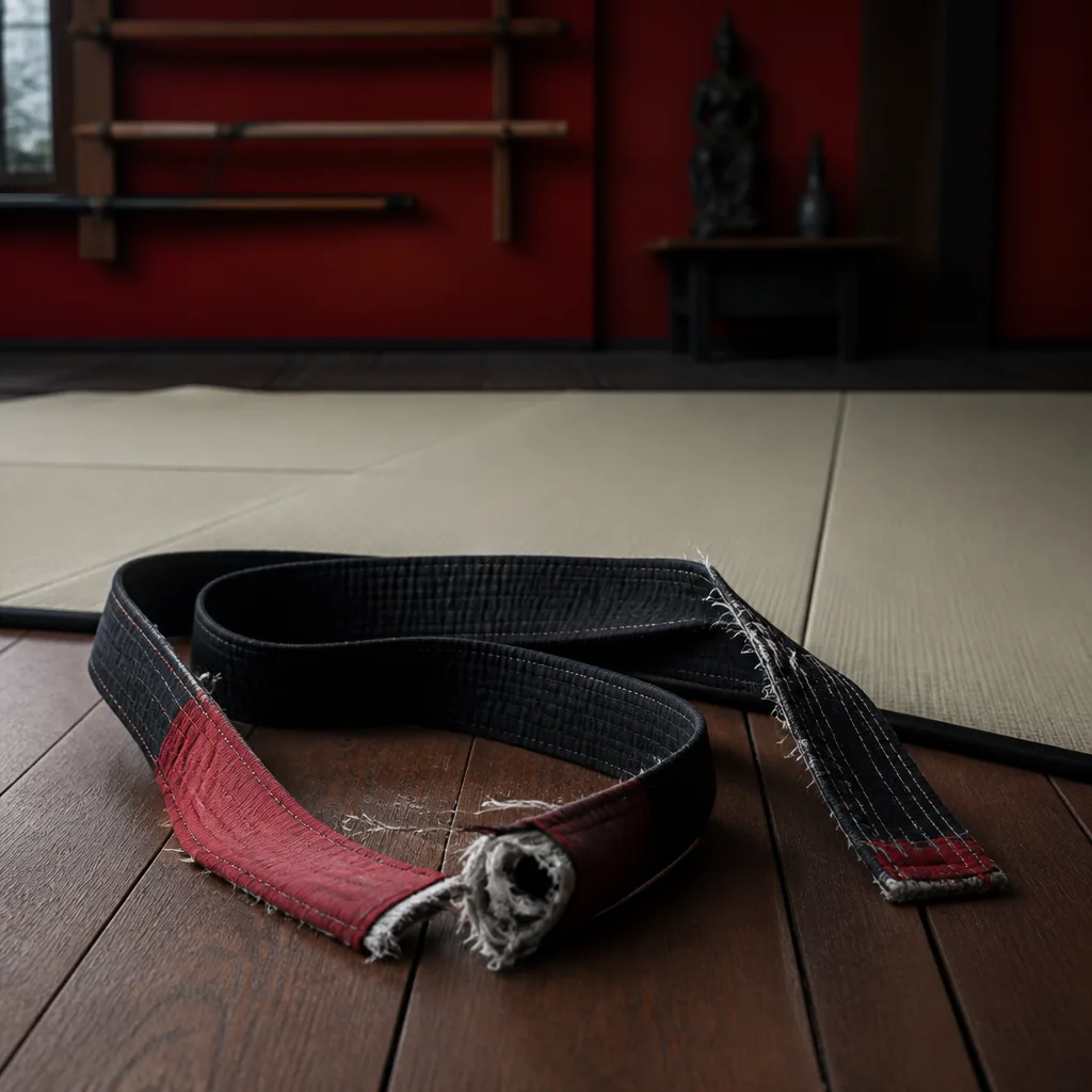 Well worn martial arts belt showing frayed edges from years of use