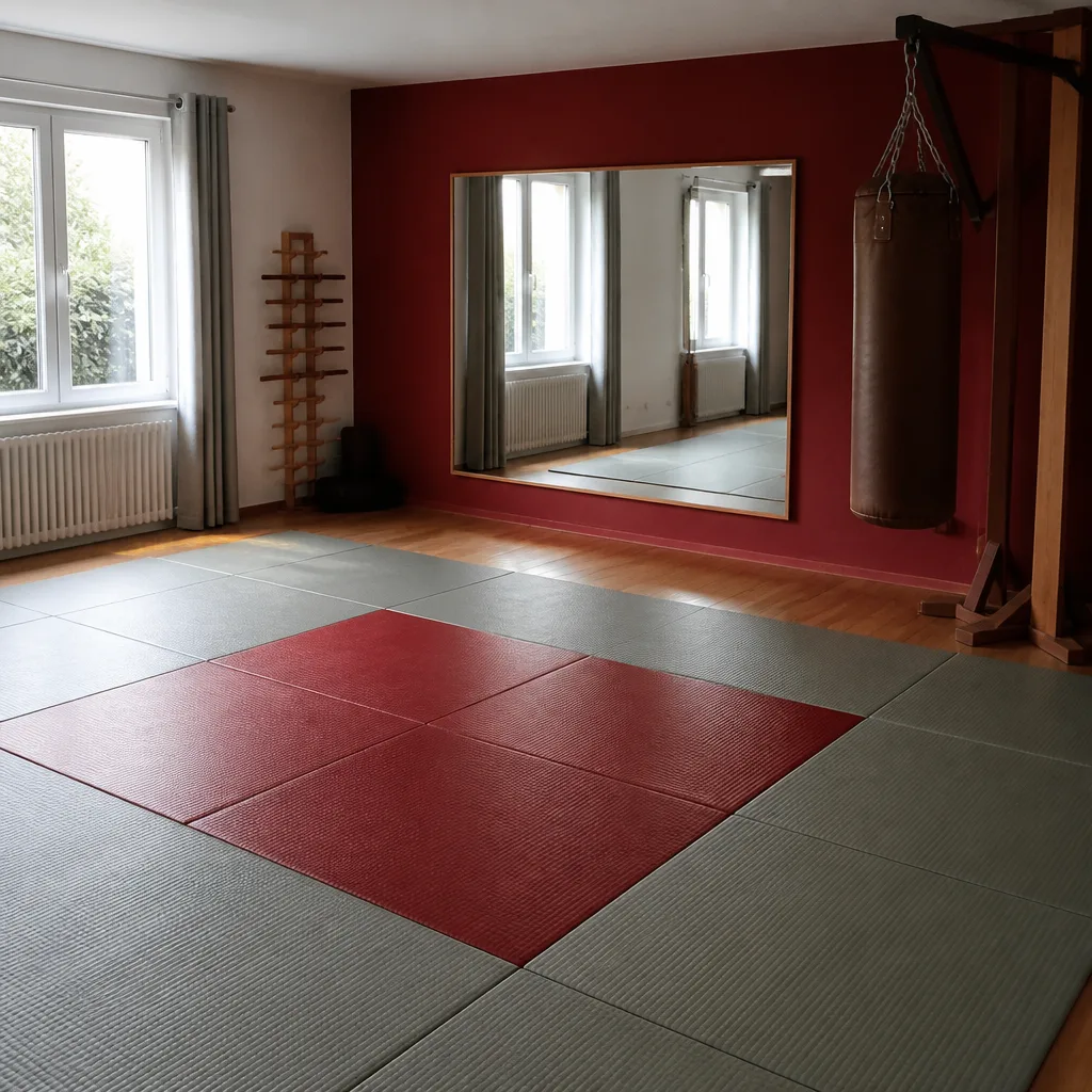 a small home training room with mats laid out and a wall mirror