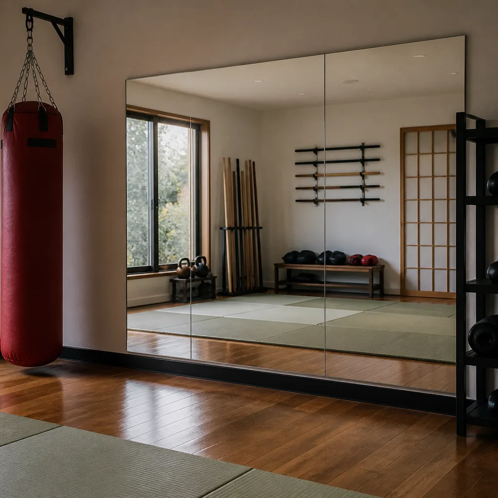 a large wall mirror mounted in a home training corner