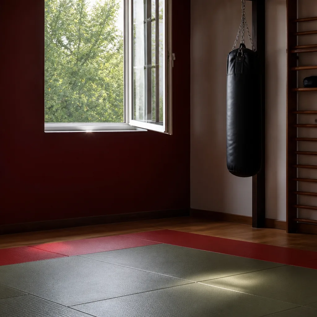 an open window in a home dojo with a training mat visible below