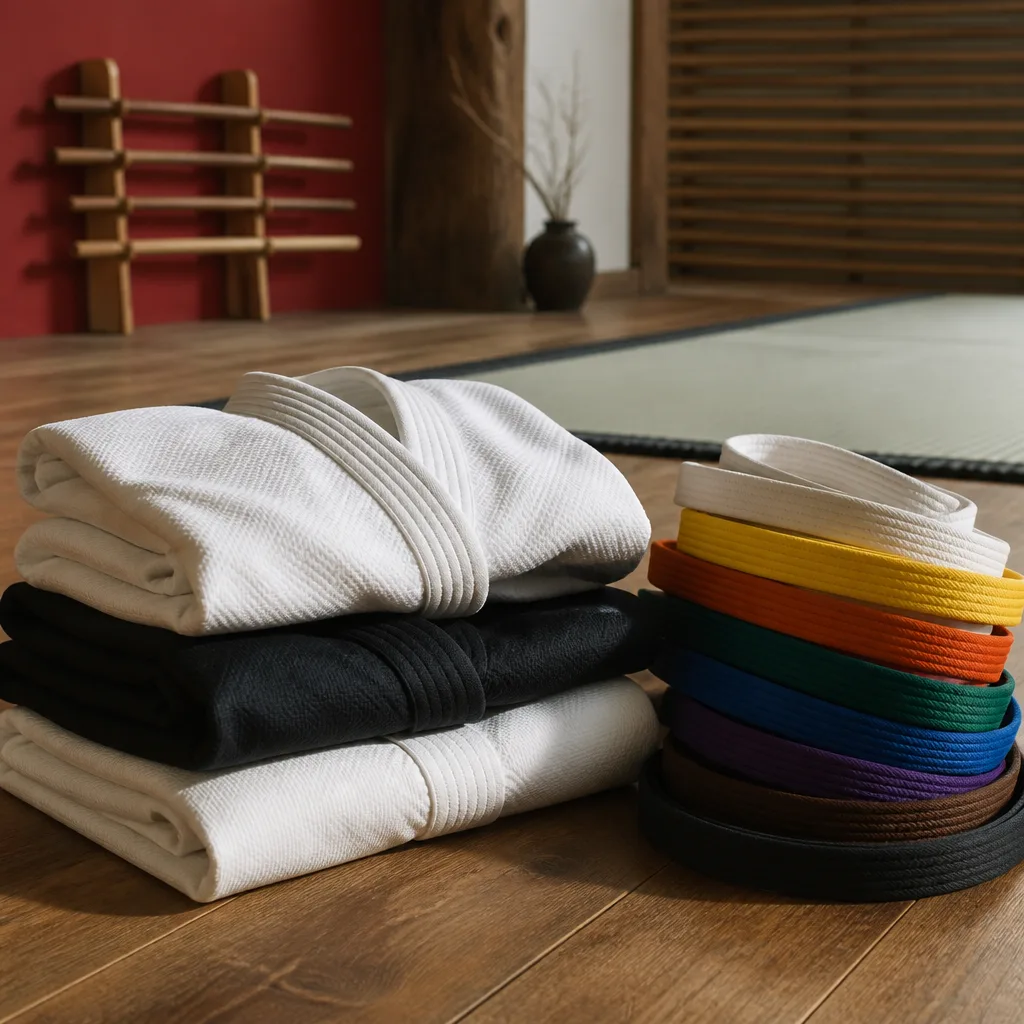 Folded martial arts uniforms and a stack of coloured belts on a wooden dojo floor