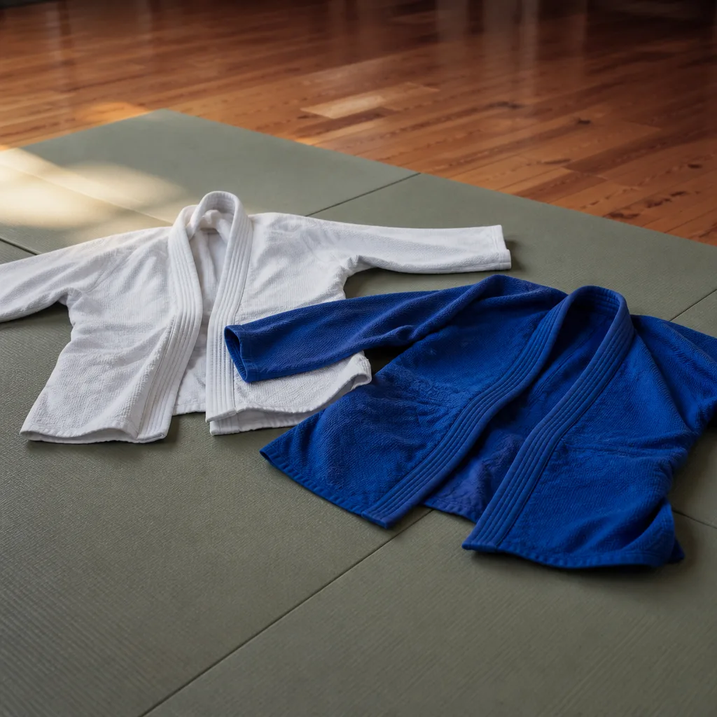 White and blue judogi jackets laid side by side on tatami