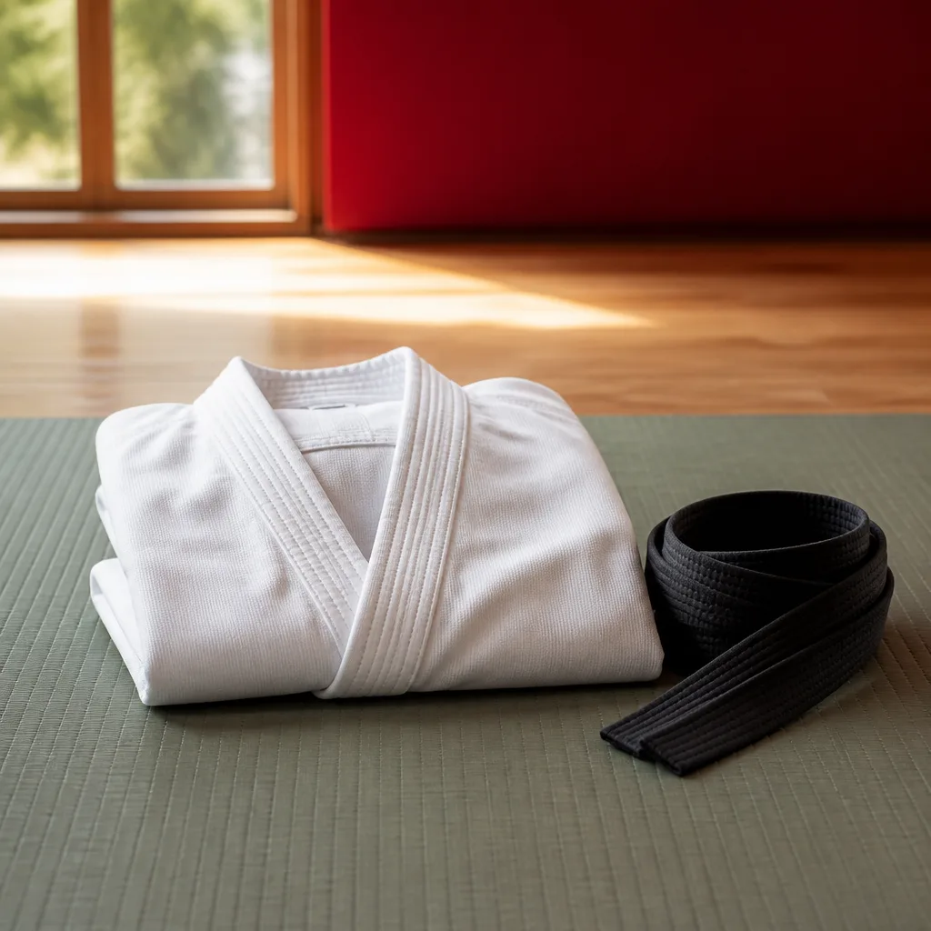 White karate gi jacket folded next to a black belt on a tatami mat