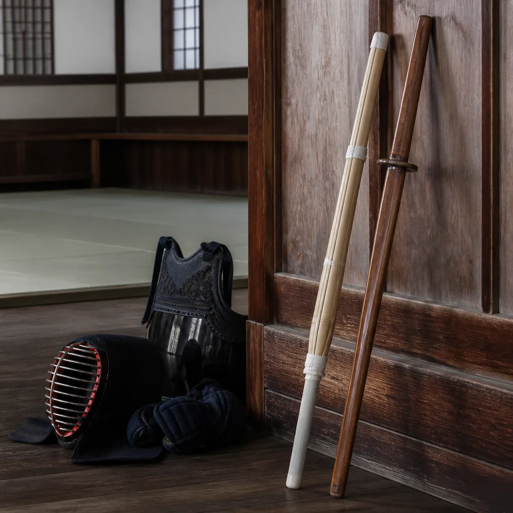 Bamboo shinai and wooden bokken leaning together against a dojo wall