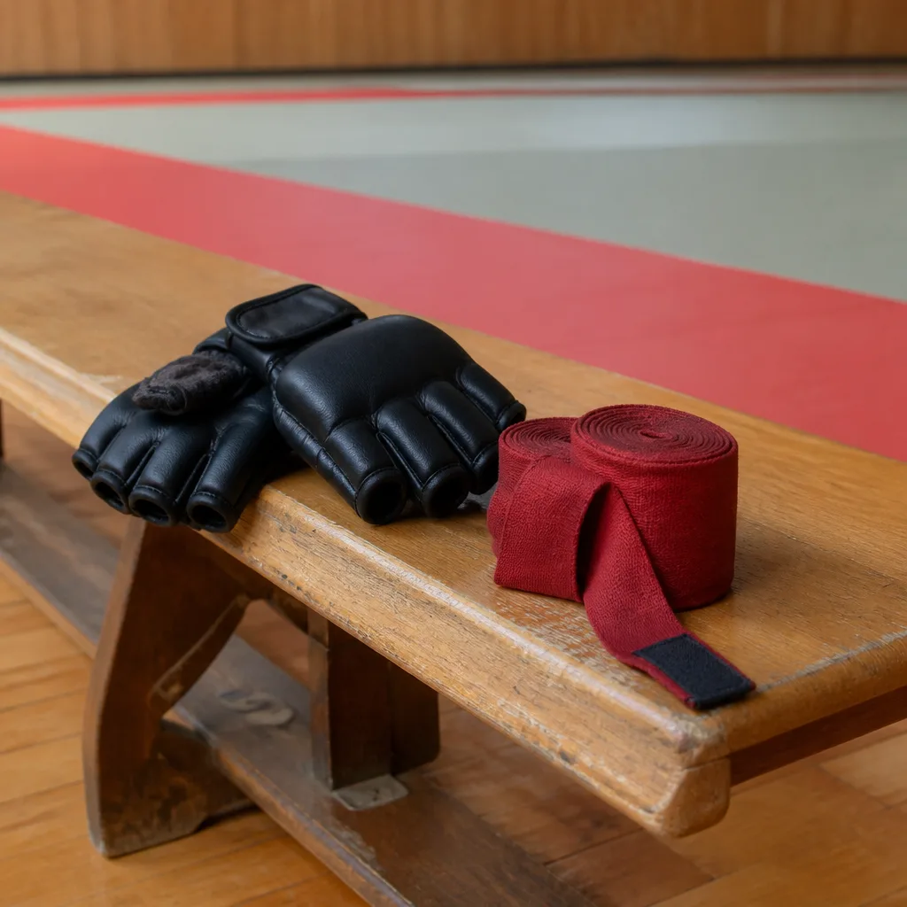 MMA gloves and a set of hand wraps arranged on a gym bench
