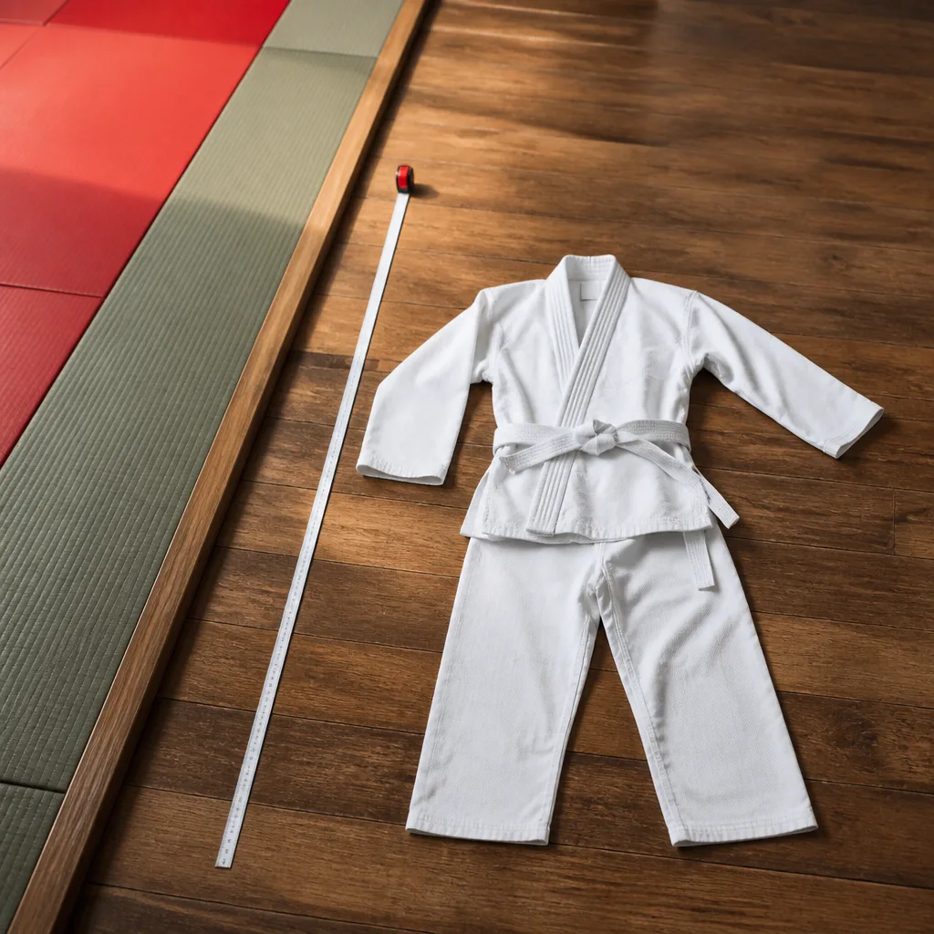 a children's gi laid flat next to a height measuring tape