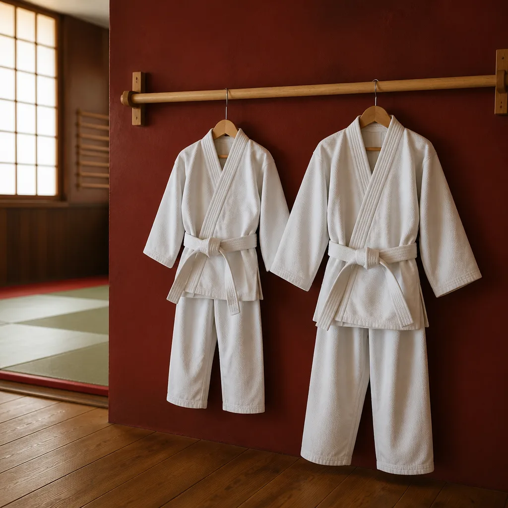 two children's gi uniforms of different sizes hanging side by side