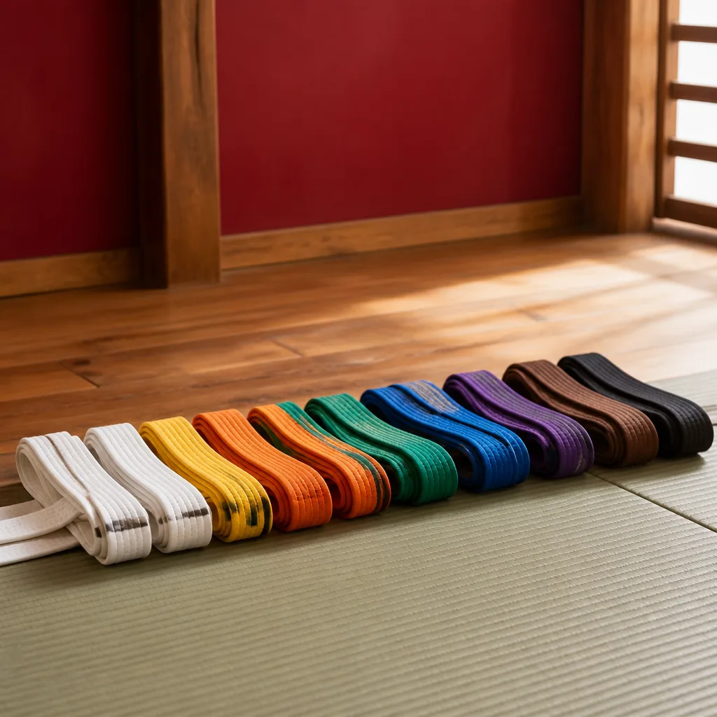 a row of children's belts in different colours laid out together