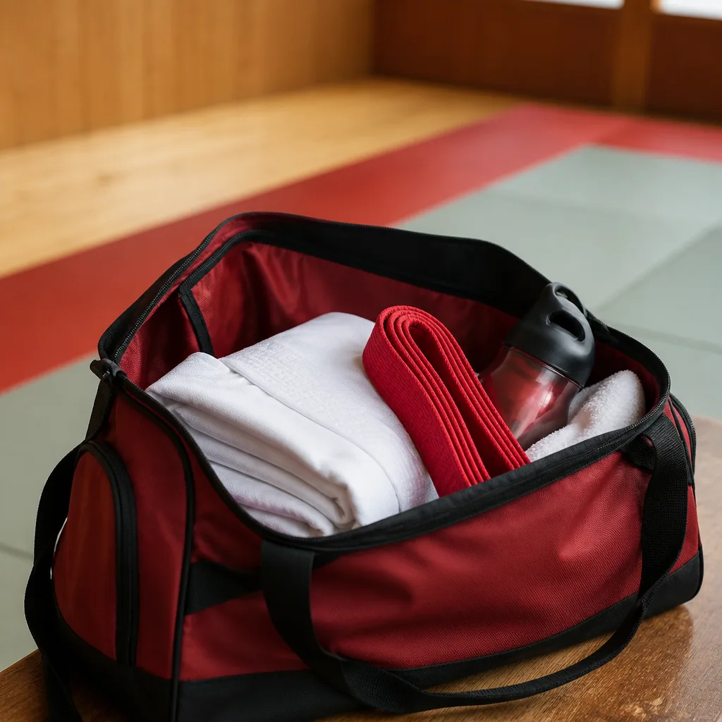 a child's sports bag packed with folded training gear