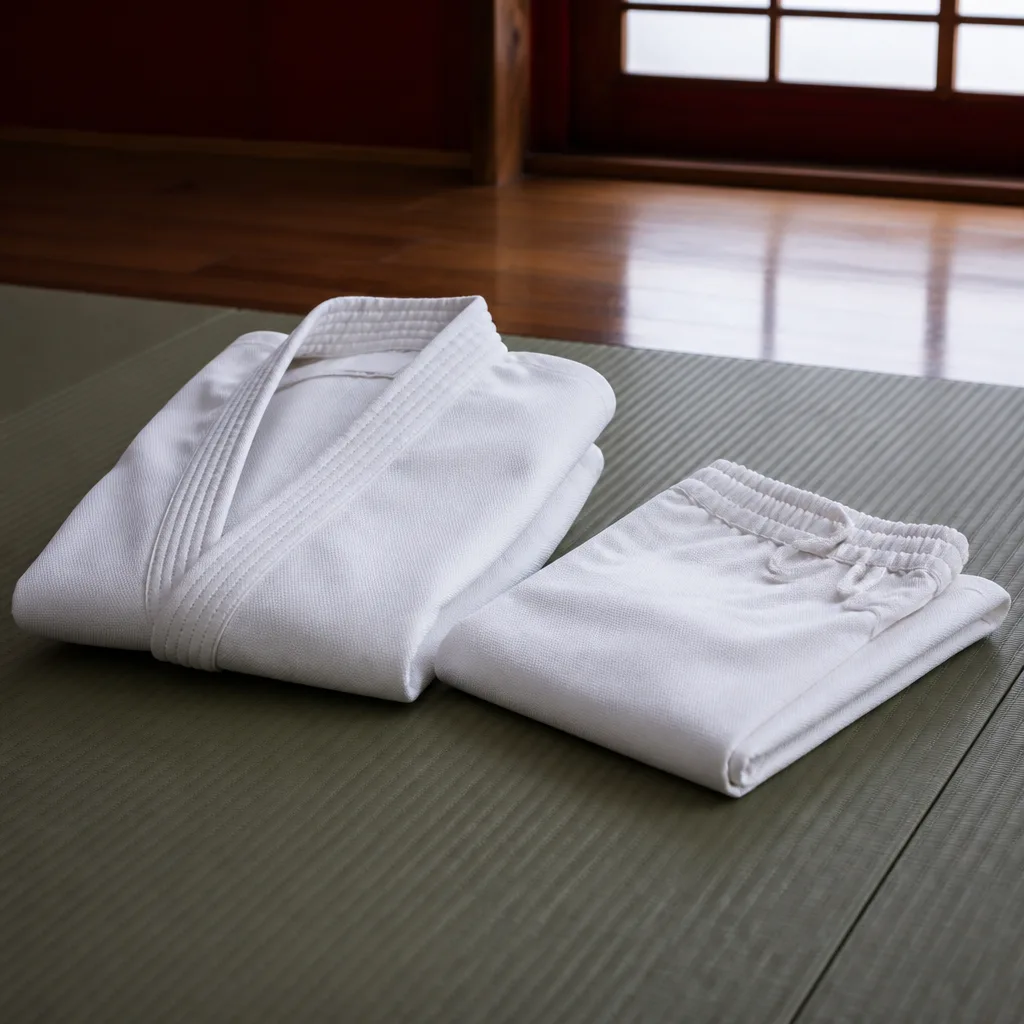 Folded white karate gi jacket and trousers on a tatami mat