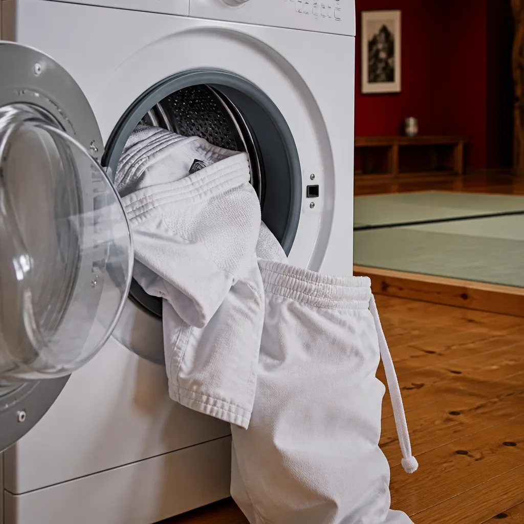 Karate gi jacket and trousers loaded into a washing machine drum