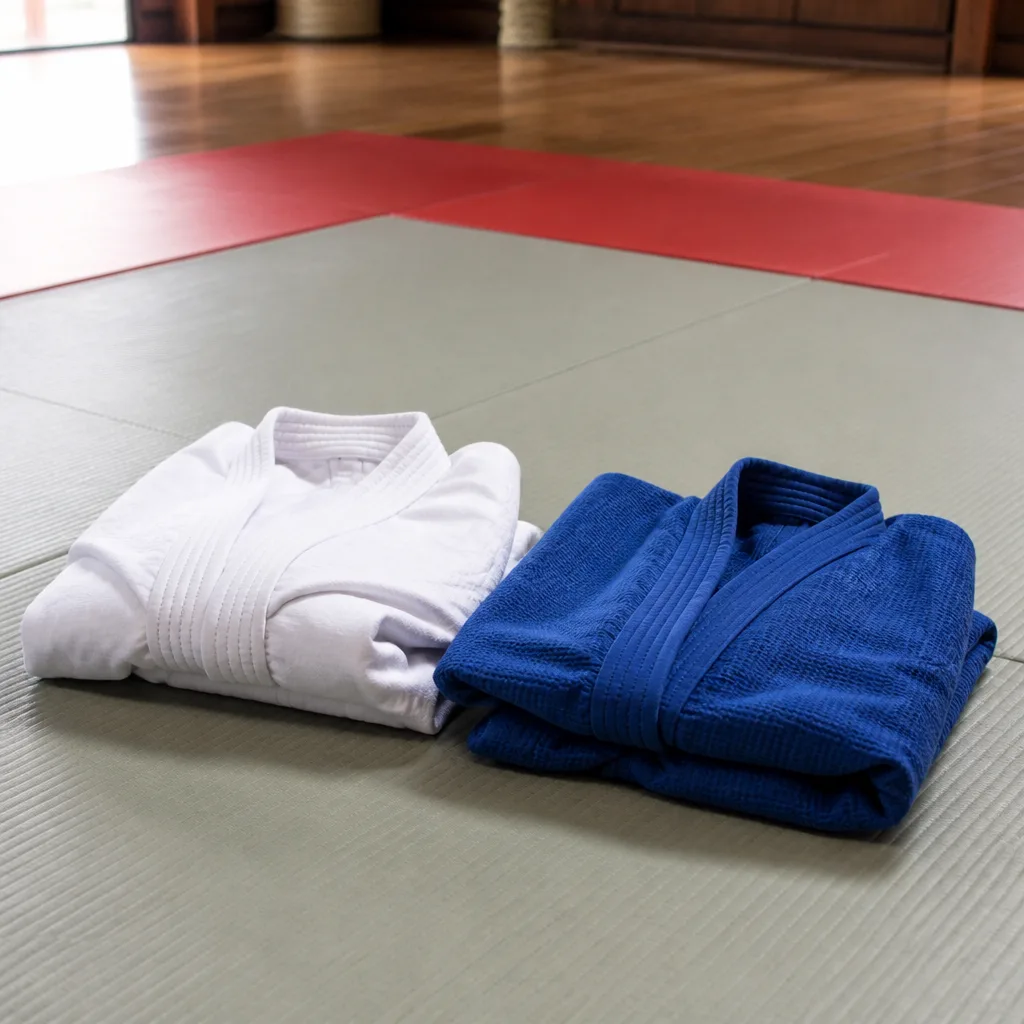 Folded karate gi and judogi placed side by side on a tatami mat