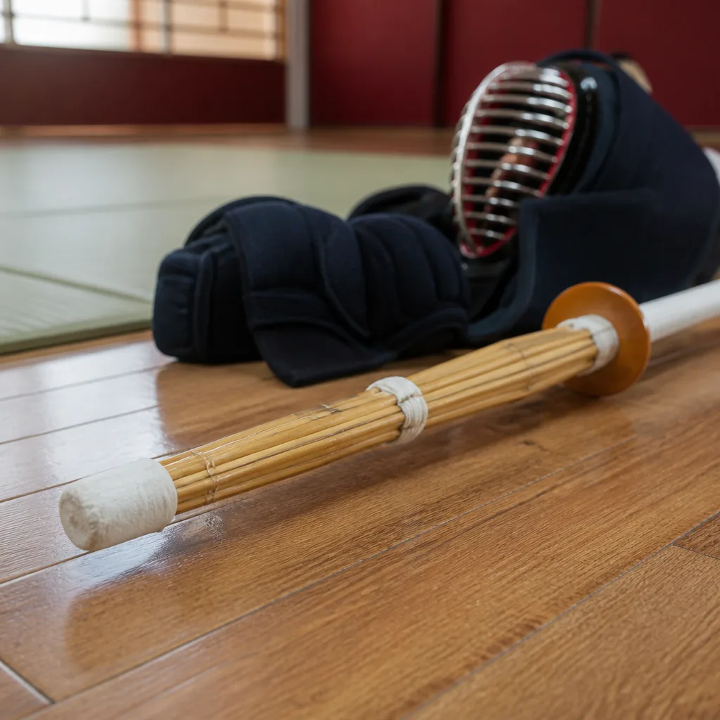 close-up of a bamboo shinai tip and leather cap on a wooden dojo floor
