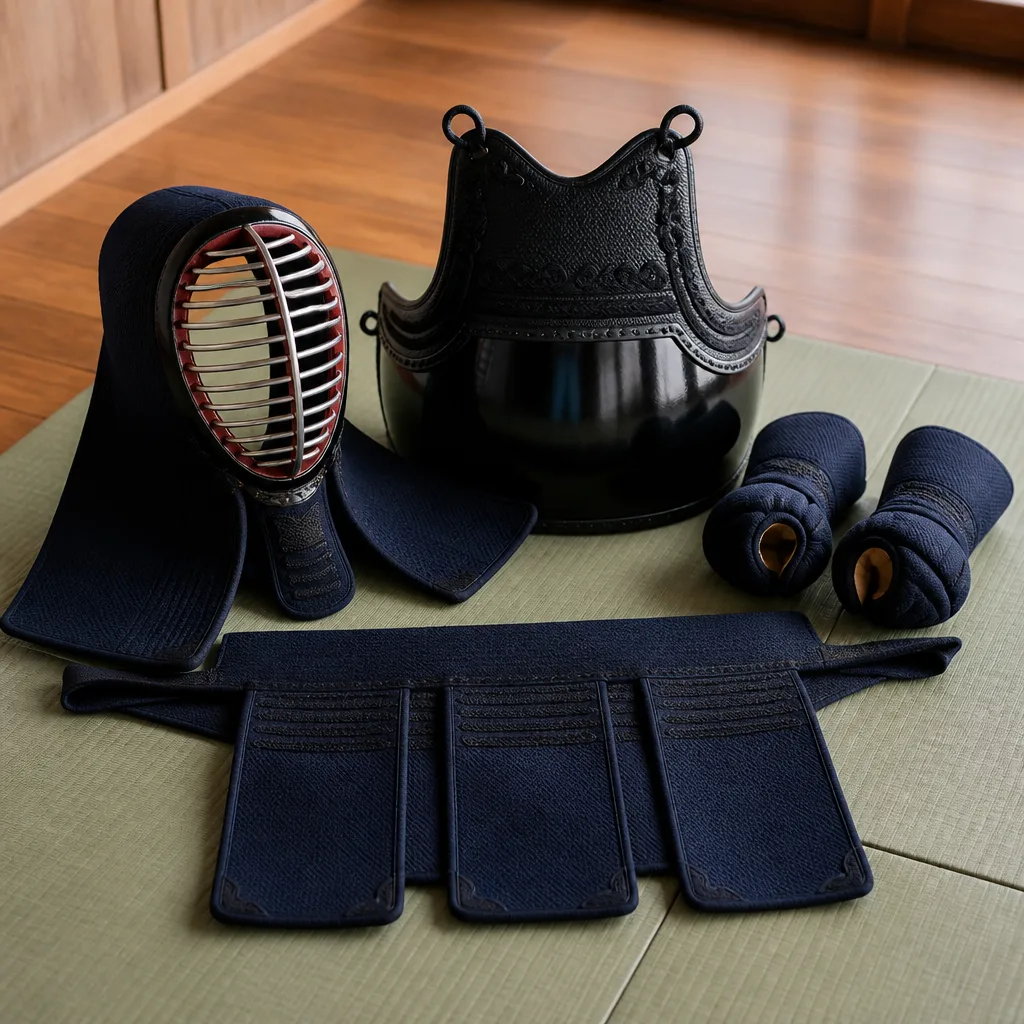 full set of kendo bogu armour laid out on a tatami mat