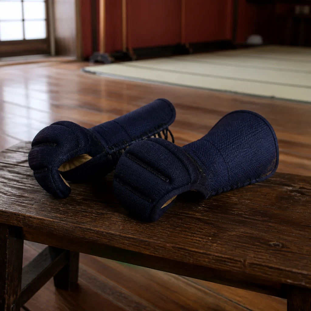 a pair of kendo kote gloves resting on a wooden dojo bench