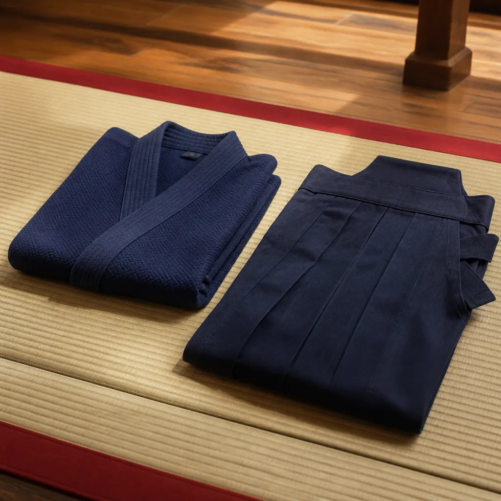 folded kendo keikogi jacket and pleated hakama trousers on tatami
