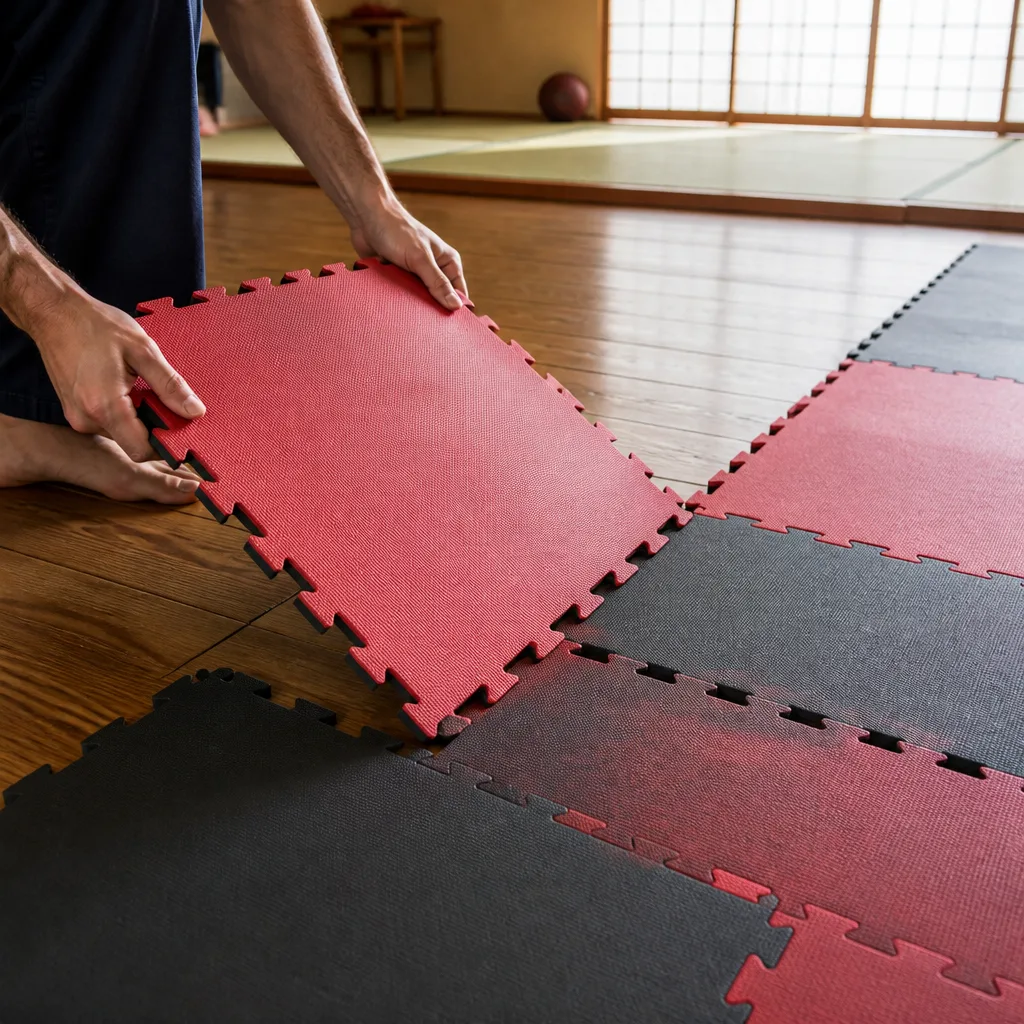 interlocking foam puzzle mats being assembled on a floor
