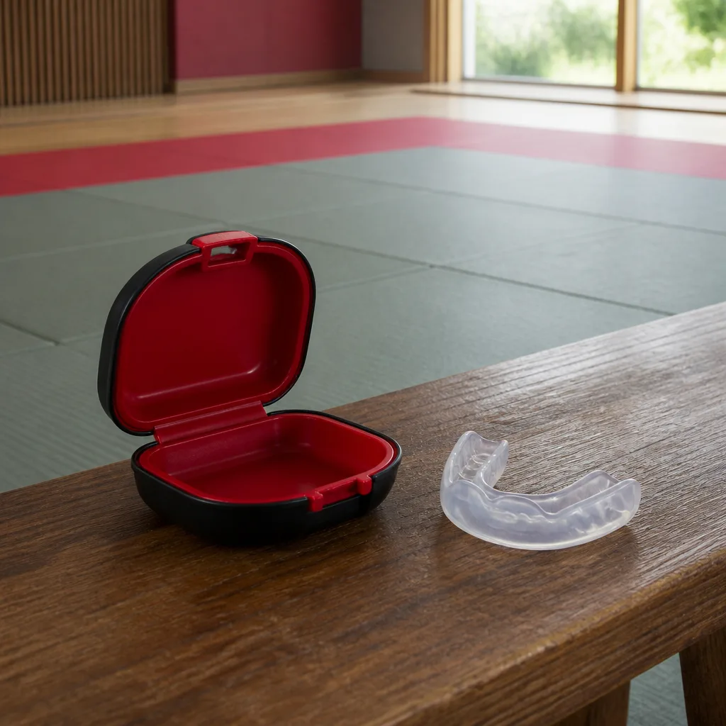 Mouthguard case open beside a mouthguard on a gym bench