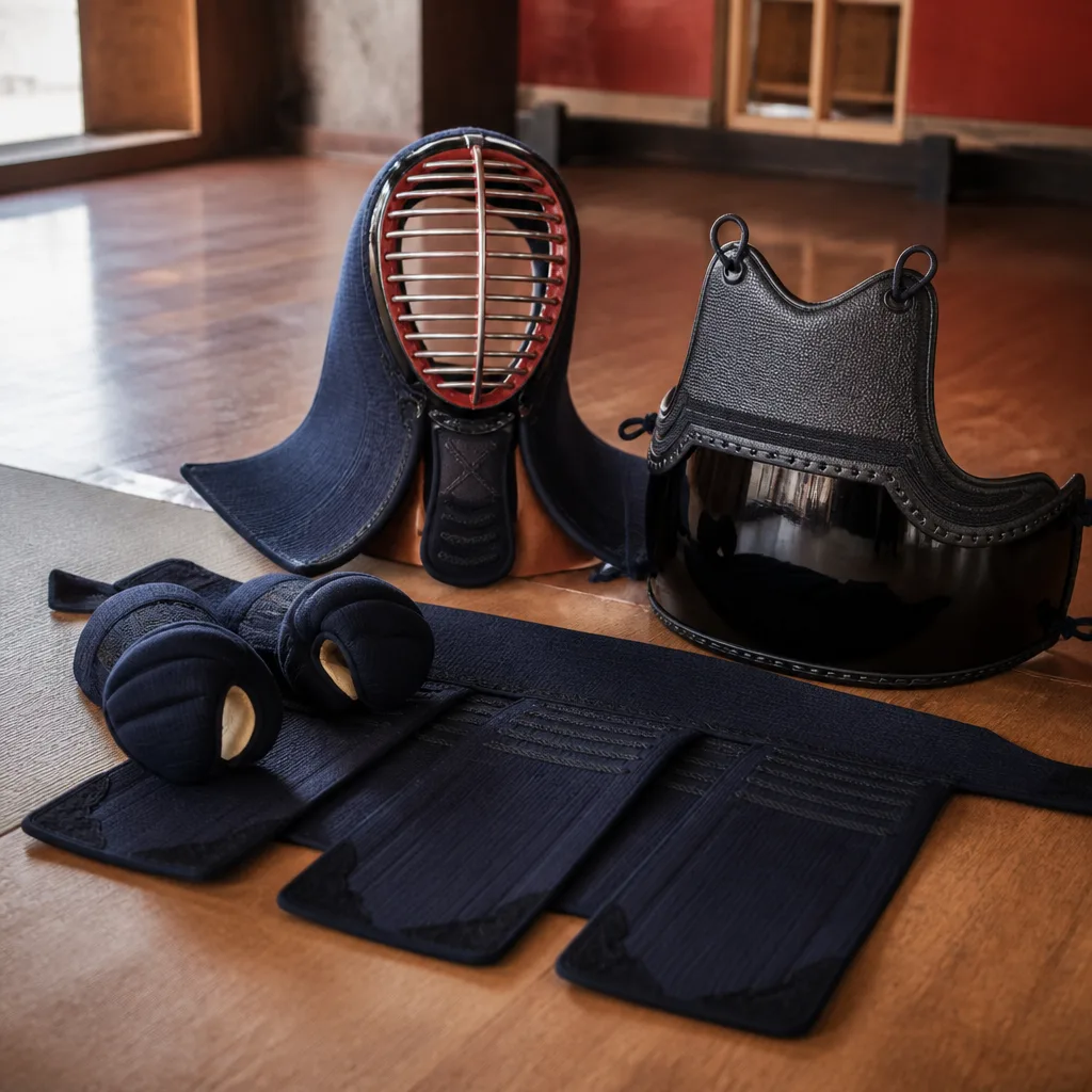 Full set of kendo bogu armour laid out on a dojo floor
