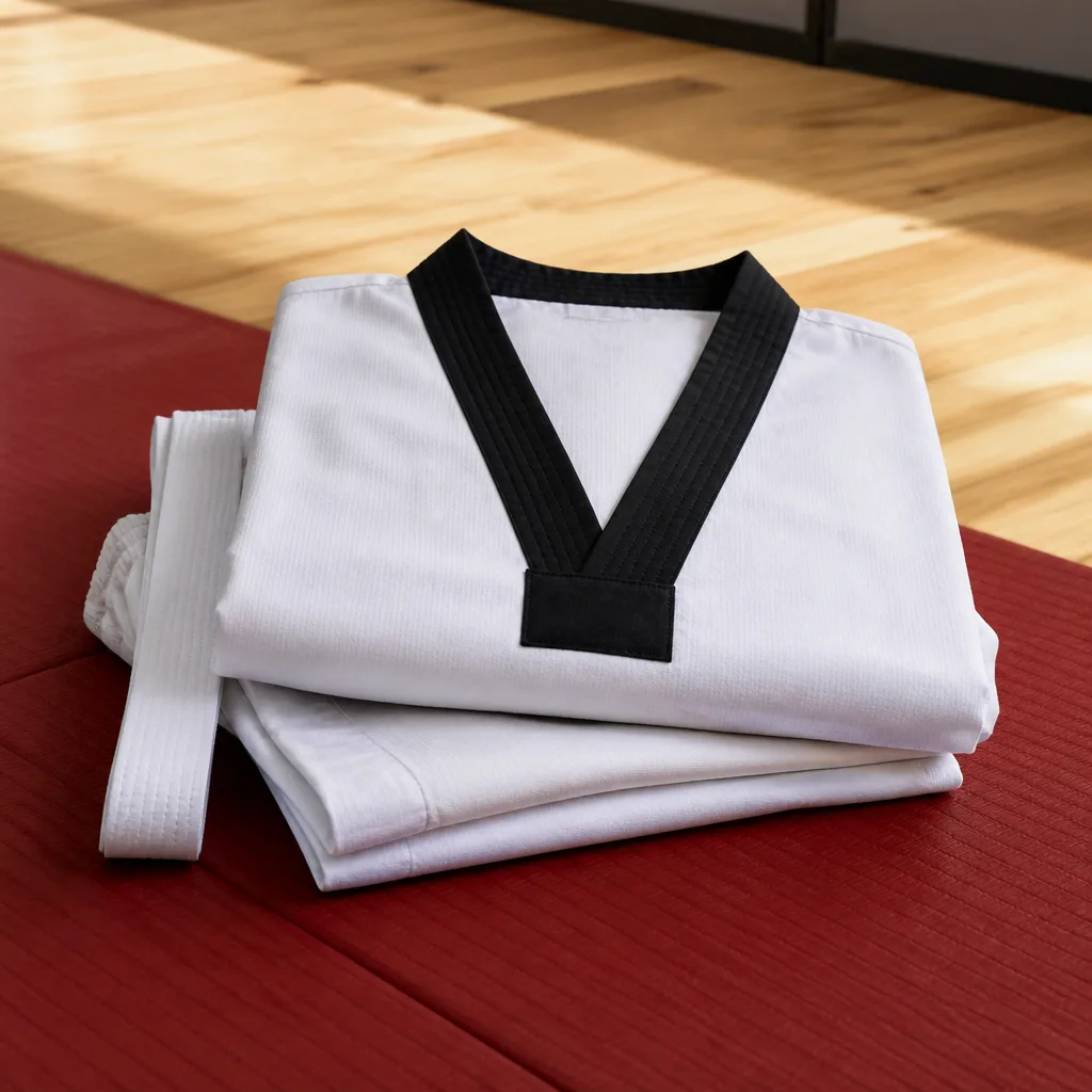 Folded white taekwondo dobok with V-neck collar on a mat