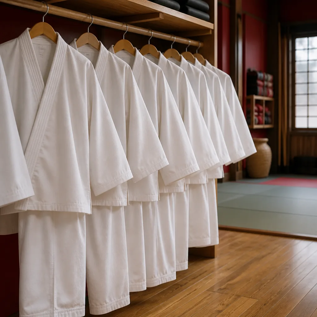 Taekwondo doboks of different sizes hanging in a shop