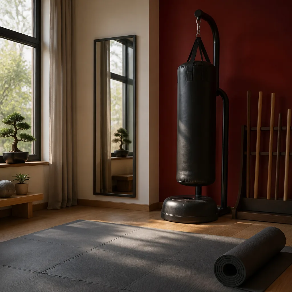Small home training corner with a rolled mat, mirror and a bag stand