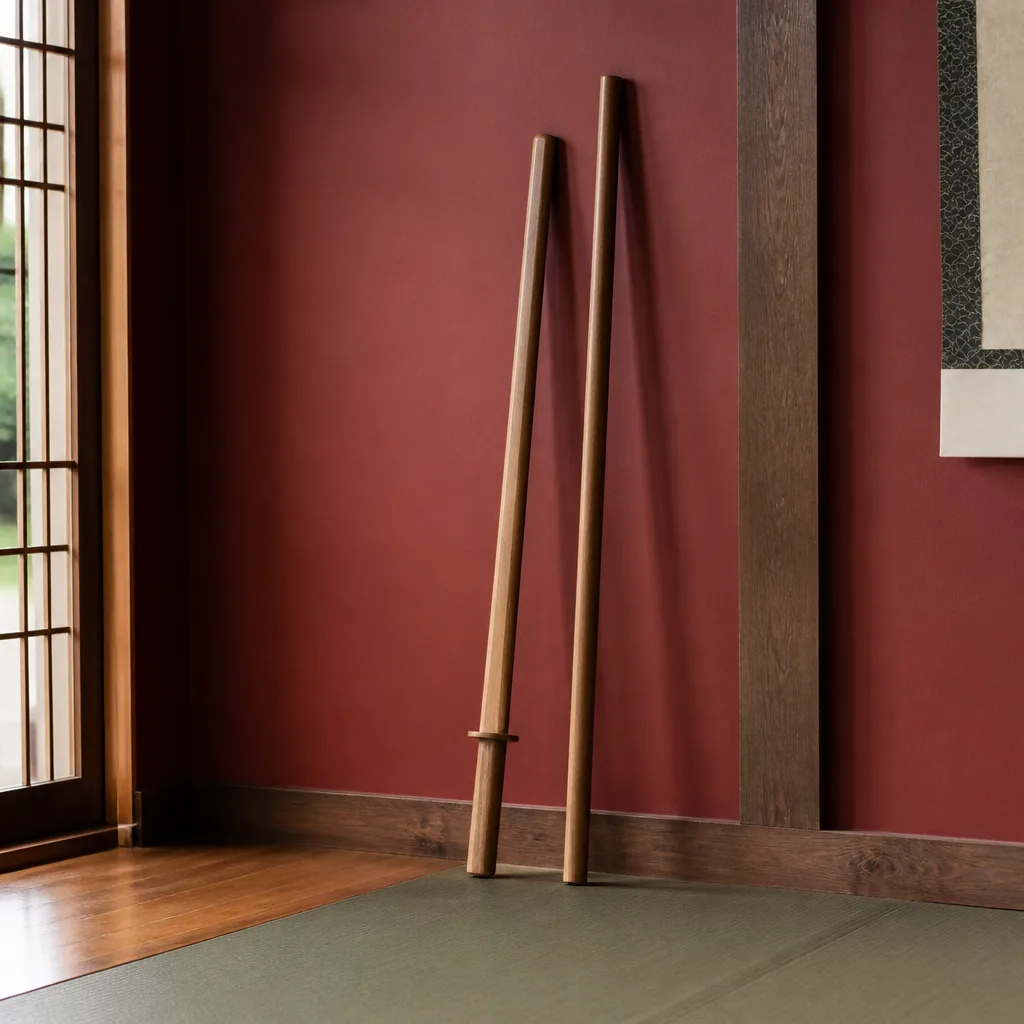 Wooden bokken and jo staff resting upright against a wall in a home training corner