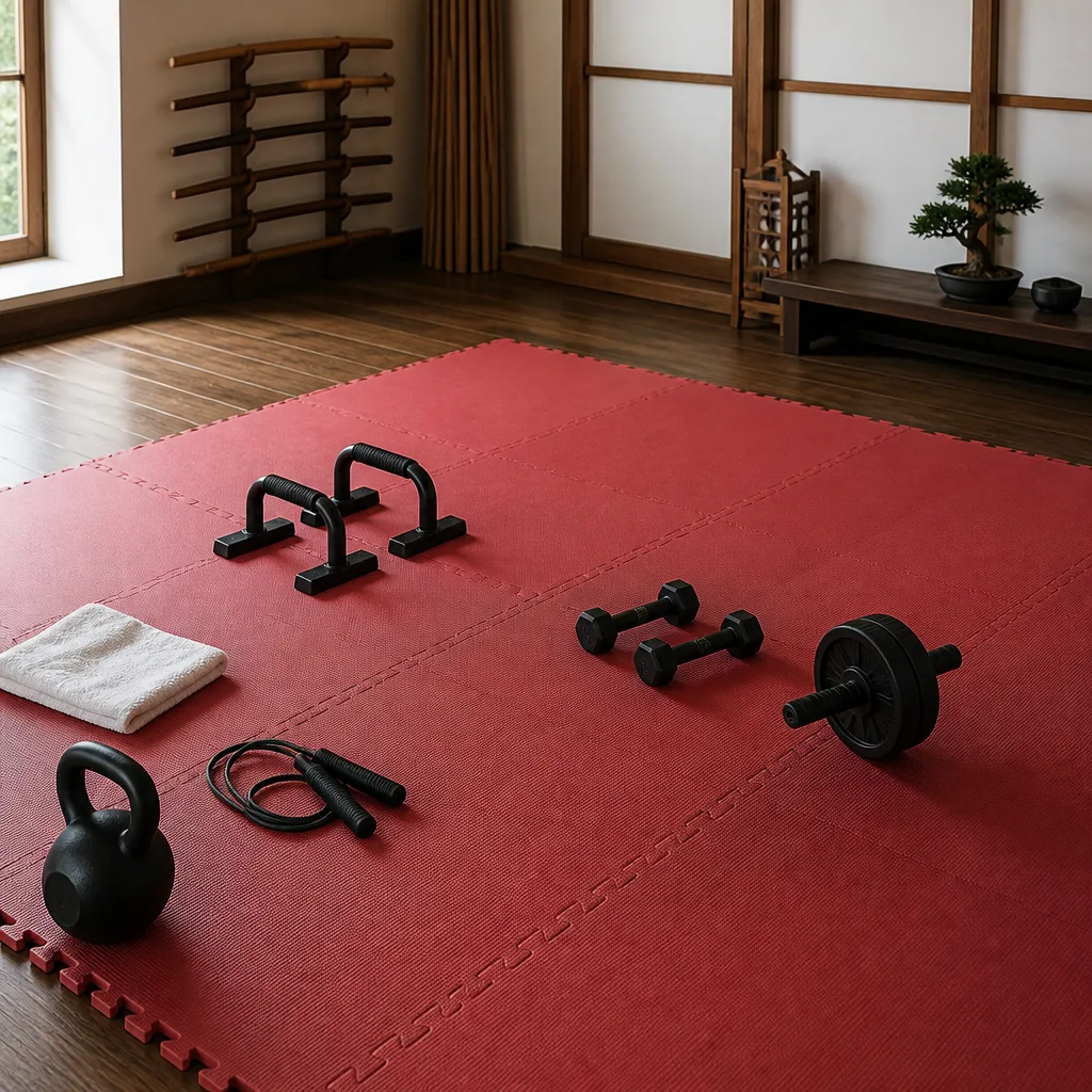 a small home training area with a mat set up for a bodyweight circuit