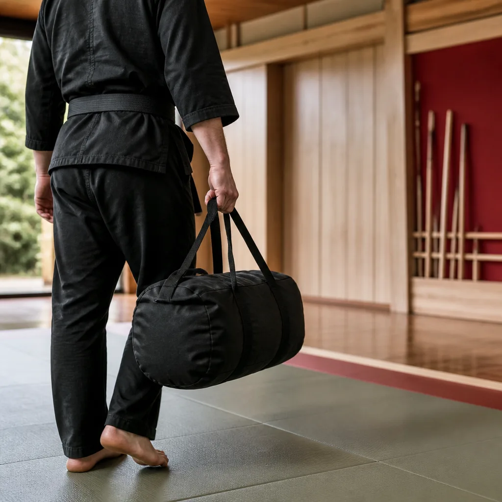 a person carrying a loaded bag across a yard or open training space